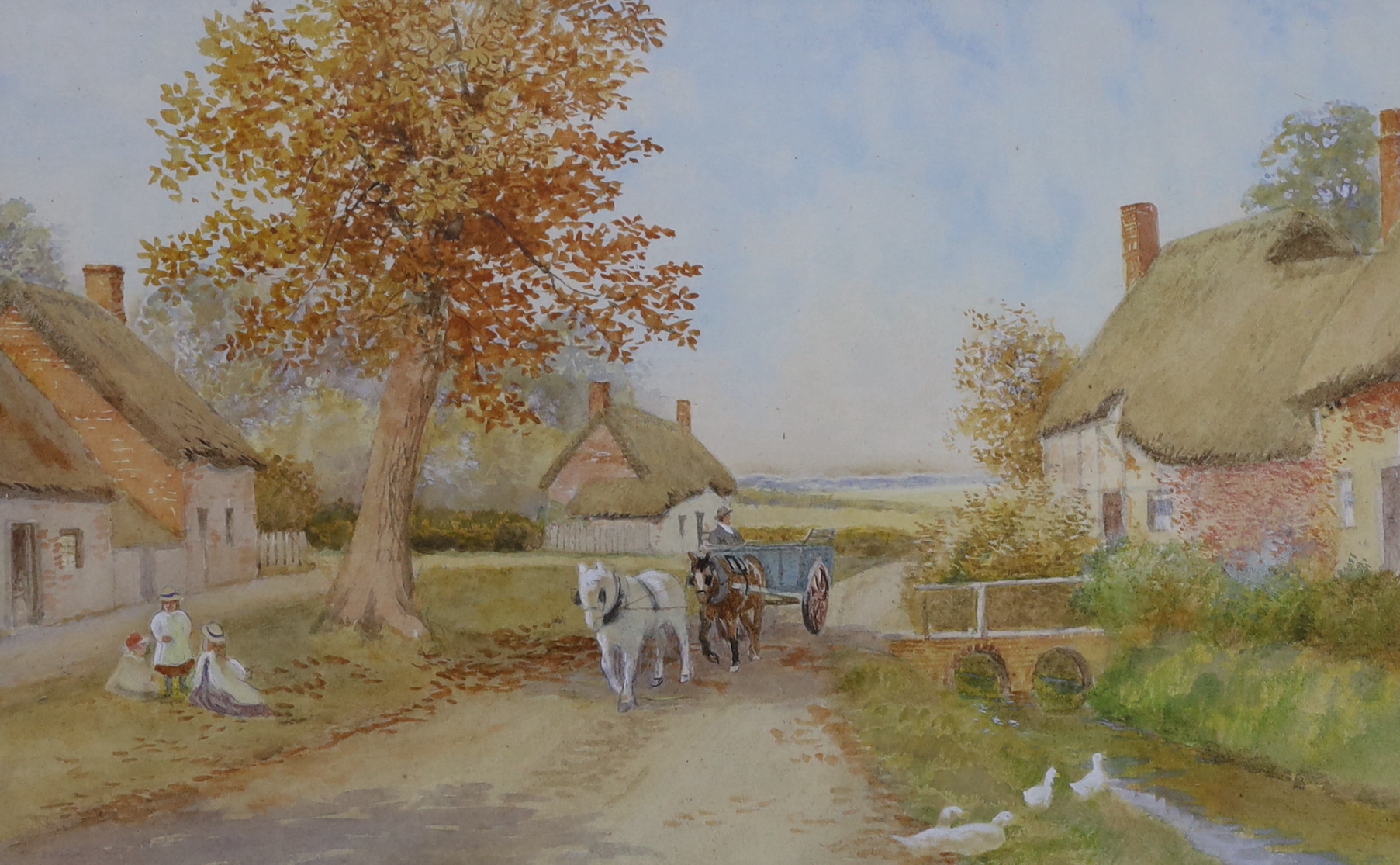 Robert Hollands Walker (fl.1882-1920) pair of heightened watercolours, village street scenes, signed, 20 x 32cm